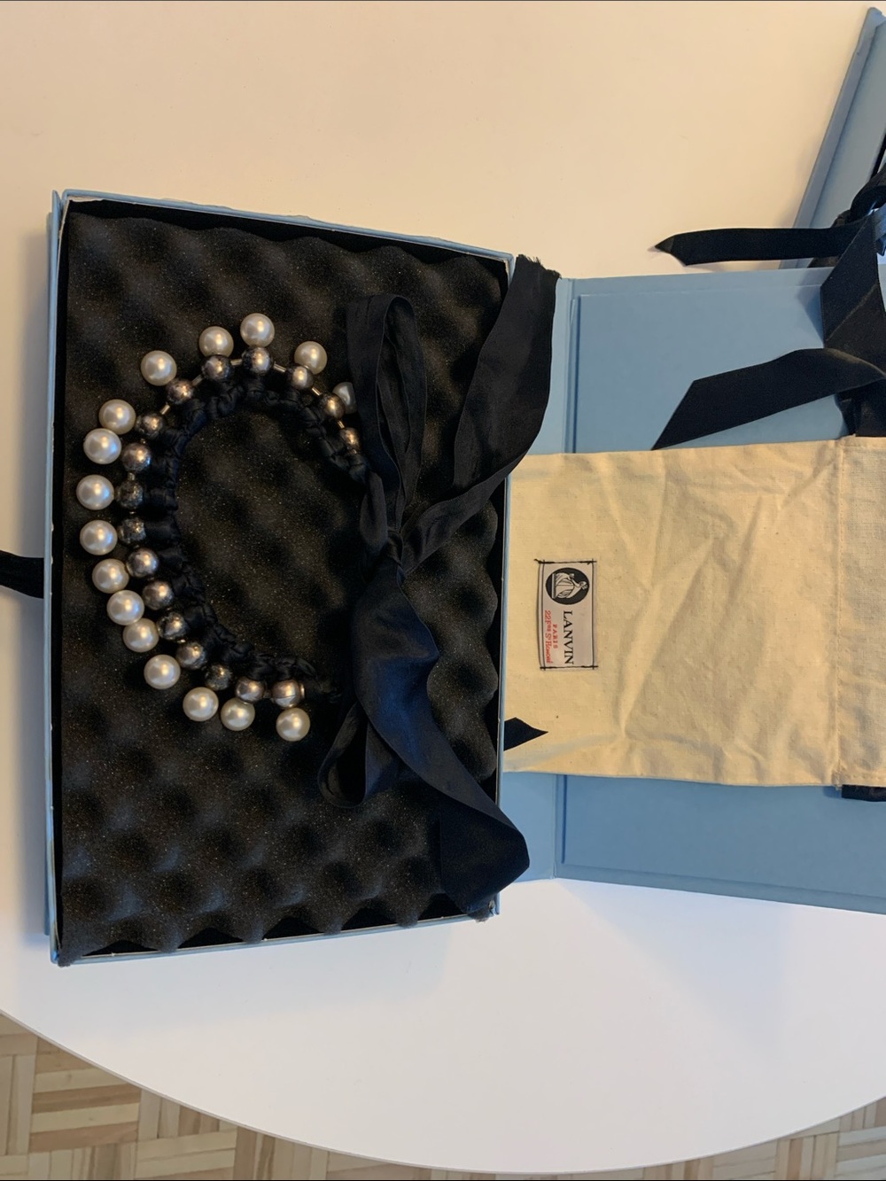 Lanvin Black Ribbon with White Pearls Necklace